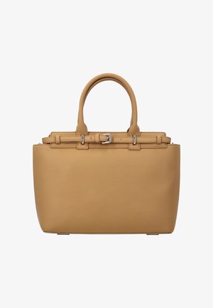 Lichtbruine leren handtas met twee afgeronde handvatten, een decoratieve riem met zilverkleurige gesp bovenaan en een gladde, gestructureerde afwerking.
