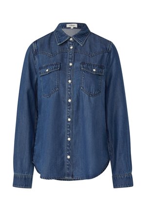 Blaues Denim-Hemd mit langen Ärmeln, Knopfverschluss, Klappentaschen auf der Brust und einem spitzen Kragen.