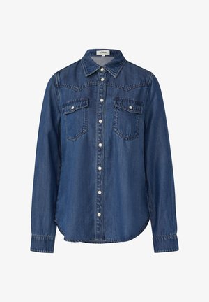 Camicia blusa in denim blu a maniche lunghe, con tasche sul petto a pattina e colletto a punta.