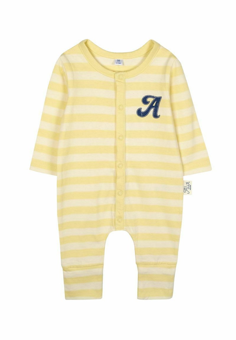Gelb-weiße gestreifte Baby-Einteiler mit langen Ärmeln, einem runden Ausschnitt und einem blauen gestickten Buchstaben "A" auf der Brust.
