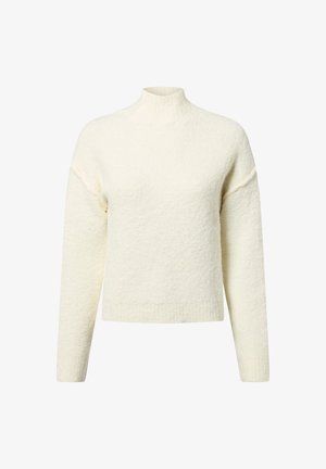 Maglione bianco dalla texture intrecciata con un colletto alto, spalle scese e maniche lunghe. Realizzato in un morbido materiale peloso. Vestibilità corta.