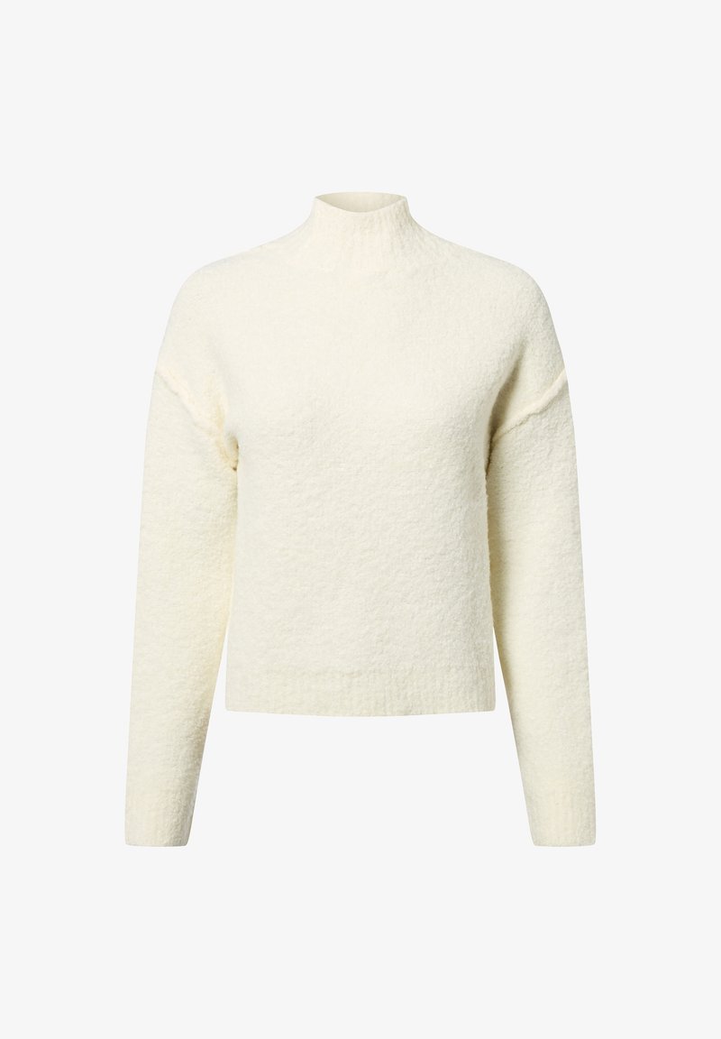 Witte textuurtrui met een hoge halslijn, verlaagde schouders en lange mouwen. Gemaakt van een zachte, pluizige stof. Cropped pasvorm.