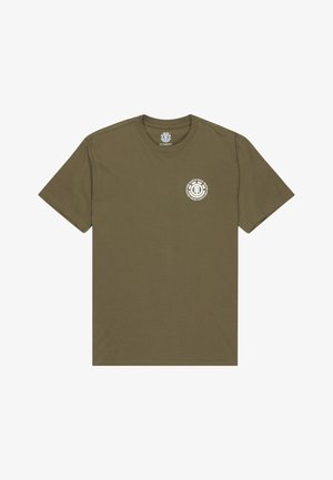 Olive green cotton T-shirt with short sleeves, crew neck, and small white logo printed on the left chest. Smooth texture; casual fit.