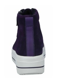 Lila Wildleder-Ankle-Boot mit einer weißen strukturierten Sohle, vertikalem lilafarbenem Akzent an der Ferse und einem Reißverschluss an der Seite.