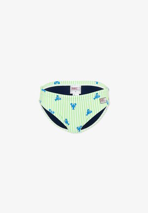 Bañador tipo slip para niños con rayas verdes y blancas, estampados de langostas azules y forro interior negro, talla 8.