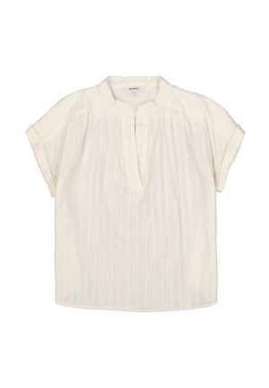 Witte blouse met korte mouwen van lichtgewicht stof, voorzien van een opstaande kraag, knoopsluiting en subtiel gestreept patroon met textuurelementen.