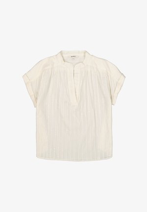 Weiße Kurzarmbluse aus leichtem Stoff mit Stehkragen, Knopfleiste und dezentem Streifenmuster mit strukturierten Akzenten.
