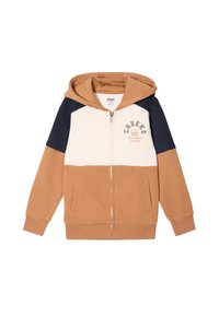 Kapuzensweatshirt mit Reißverschluss in Braun, Creme und Marineblau. Verfügt über zwei Fronttaschen, gerippte Bündchen und ein Logo-Graphic auf der Brust.