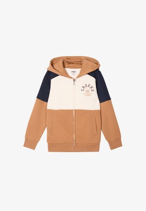 Kapuzensweatshirt mit Reißverschluss in Braun, Creme und Marineblau. Verfügt über zwei Fronttaschen, gerippte Bündchen und ein Logo-Graphic auf der Brust.