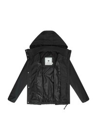 Črna kapuca jopica z zadrgo in pritrdilnim gumbom. Gladka zunanja tkanina, podložen notranji del in rebrasti manšeti. V notranjosti se nahaja oznaka z logotipom.