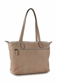 Beige Leder-Totebeutel mit zwei Griffen, strukturierten Oberfläche, kontrastierenden Nähten und einem Reißverschlussverschluss. Verfügt über eine Außentasche mit Reißverschluss.