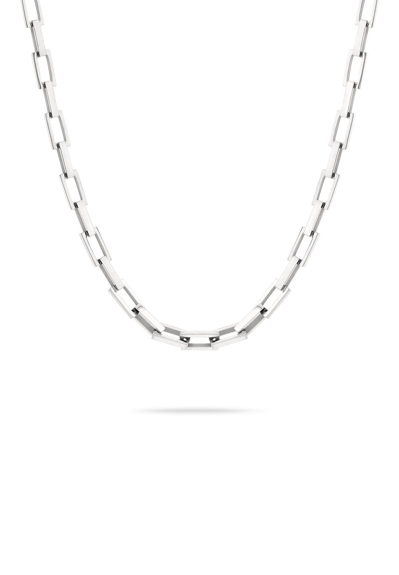 Halskette aus Sterlingsilber mit rechteckigen Gliedern, polierter Oberfläche und abwechselnd strukturierten Abschnitten. Die Maße sind für eine enge Passform ausgelegt.