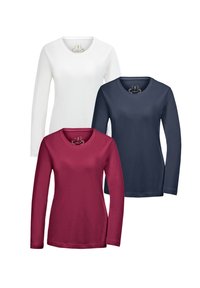 Drei Langarmshirts in Weiß, Marineblau und Burgunderrot. Aus weichem Baumwollstoff, mit runden Ausschnitten und glatter Textur.