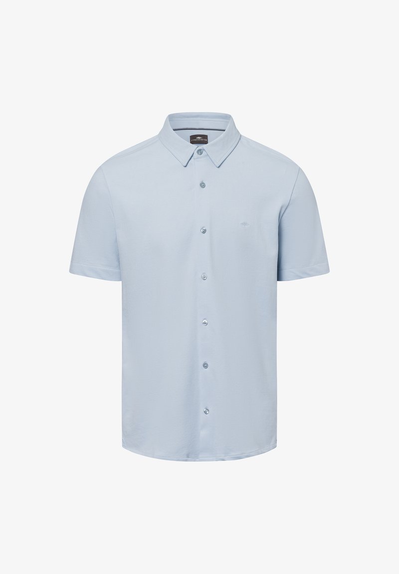 Lichtblauwe kortarmshirt gemaakt van textuurstof, met een puntkraag en een knoopsluiting aan de voorkant met bijpassende knopen.