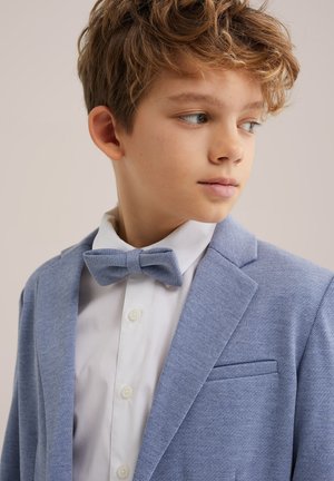 Jonge jongen met krullend haar, gekleed in een lichtblauwe colbert, wit overhemd en bijpassende blauwe strik, die opzij kijkt tegen een neutrale achtergrond.