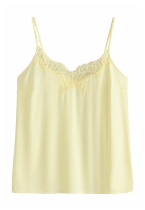 Šviesiai geltona kamizolė su plonomis petnešėlėmis ir nėrinių detalėmis palei V formos iškirptę, pagaminta iš lygaus, minkšto audinio.