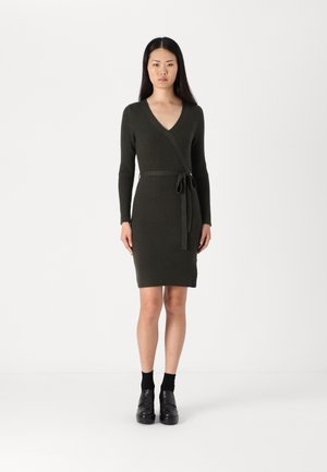 Knit wrap dress in dark green, featuring a V-neck, long sleeves, and a tied waist. Ribbed texture with a fitted shape.