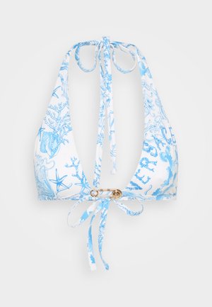 Haut de bikini bleu et blanc avec un col halter et un système de fermeture à nouer, présentant un imprimé complexe de la vie marine et un détail de fermoir en or.