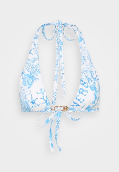Modrý a biely bikiny top s viazaním za krkom a uzáverom na šnúrku, s precízne detailným potlačou námorného života a zlatým klipom.
