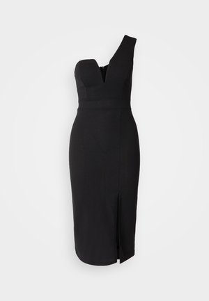 Schwarz eng anliegendes Kleid mit einem Schulterdesign, V-Ausschnitt und einem seitlichen Schlitz. Hergestellt aus einem glatten Stoff mit einem eleganten Finish.