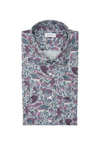 Camicia piegata con un vivace motivo floreale dai toni rosa, turchese e bianco. Presenta un colletto a punta e dettaglio con bottoni sul davanti.
