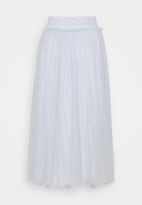 Gonna midi bianca realizzata in tessuto trasparente con pois testurizzati, caratterizzata da una vita arricciata per un look aderente e una caduta fluida.