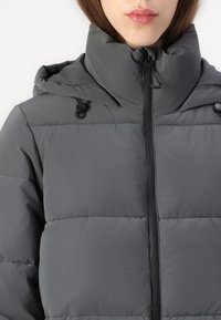 Grijze donsjas met een hoge kraag, verstelbare trekkoorden en een ritssluiting aan de voorkant. De stof heeft een gladde, matte afwerking.