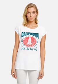 White short-sleeve t-shirt featuring a colorful graphic with "California" and surf elements, including a skull and palm trees.