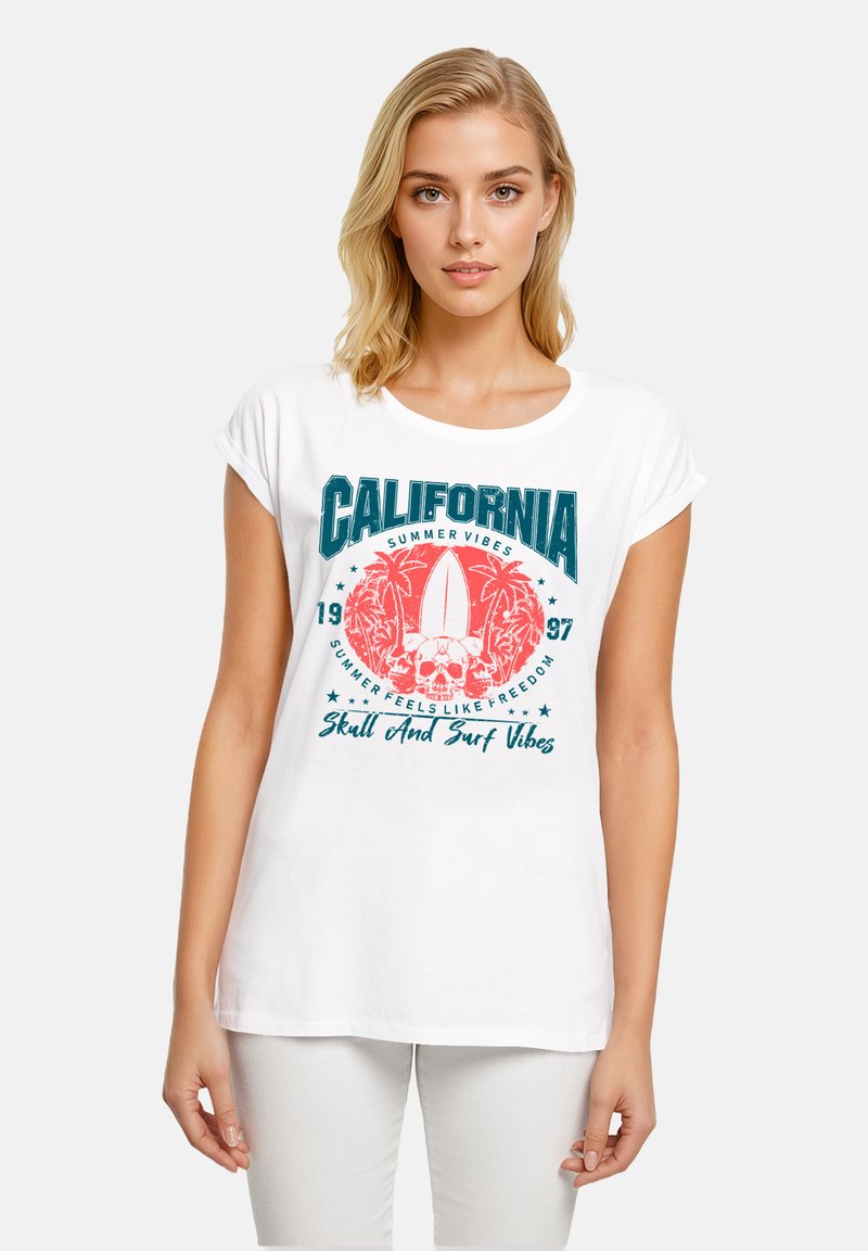 White short-sleeve t-shirt featuring a colorful graphic with "California" and surf elements, including a skull and palm trees.