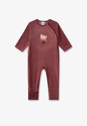 Bordeauxroter Baumwoll-Overall mit langen Ärmeln, der ein verspieltes gesticktes Tierdesign auf der Front und einen seitlichen Reißverschluss für ein einfaches An- und Ausziehen aufweist.