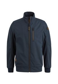Marineblaue Softshell-Jacke mit hohem Kragen, Vorderreißverschluss und reißverschlossenem Brusttasche; elastische Bündchen und Saum; dezente Markenlogos auf dem Ärmel.