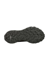 Semelle de chaussure en caoutchouc noir avec des crampons multidirectionnels profonds pour une meilleure traction. Présente une surface texturée et un logo de marque sur le côté.