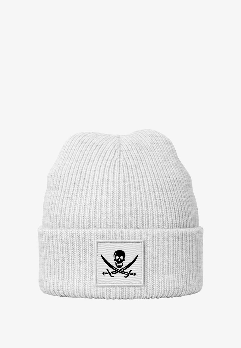 White knit beanie with a ribbed texture and a folded cuff. Features a rectangular patch with a black skull and crossed swords graphic.