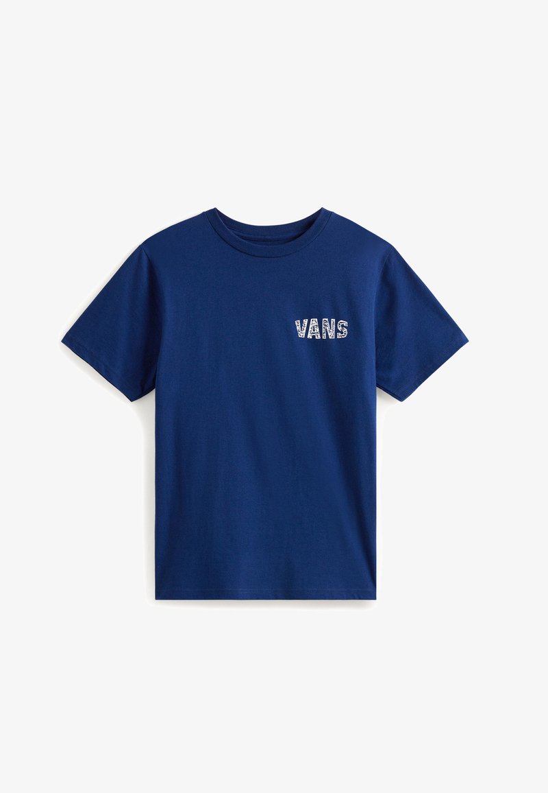 Námořnická modrá bavlněná tričko s bílým logem "VANS" a vzorovým detailem na levé části hrudi; klasický design s kulatým výstřihem.