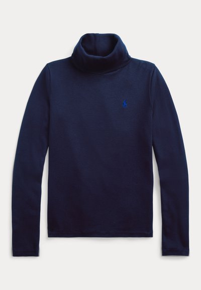 Marineblauw longsleeve coltrui met een klein geborduurd logo op de linkerborst.