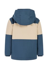Blue and beige color-blocked jacket with a hood, featuring a smooth texture and elastic cuffs. Simple design with no visible hardware details.