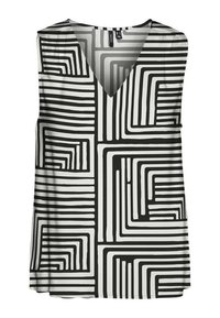 Top senza maniche con scollatura a V, realizzato in tessuto leggero con un audace motivo geometrico in bianco e nero.