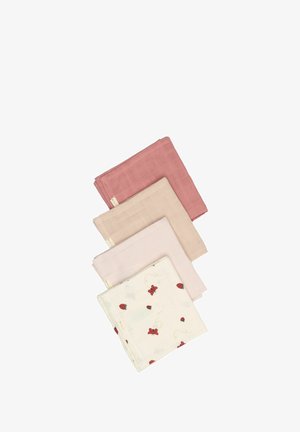 Quattro panni in mussola: uno rosa scuro, uno rosa chiaro, uno beige e uno bianco con un motivo di fragole rosse e farfalle. Cotone morbido e leggero.
