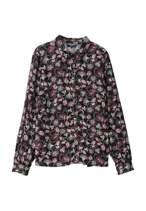 Camicia nera a maniche lunghe con un motivo floreale e paisley colorato in bianco e rosso. Realizzata in tessuto leggero con chiusura a bottoni.