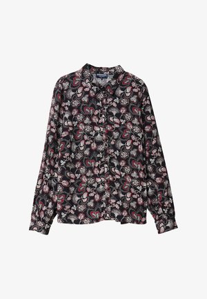 Camicia nera a maniche lunghe con un motivo floreale e paisley colorato in bianco e rosso. Realizzata in tessuto leggero con chiusura a bottoni.
