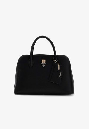 Schwarze Handtasche aus strukturiertem Leder mit doppelten Griffen, goldfarbenem Guess-Logo und passendem schwarzen Anhänger mit Guess-Etikett.