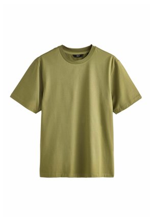 Ensfarvet olivengrøn kortærmet bomulds-T-shirt med rund halsudskæring og uden synlige logoer eller mønstre.