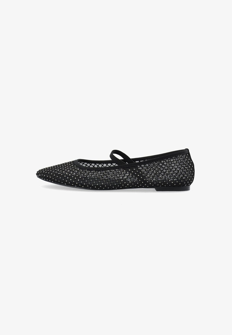 Black flat shoe featuring a pointed toe design, mesh upper with rhinestone accents, and a thin strap for secured fit. Flat sole.