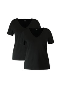 Zwarte v-hals t-shirts, korte mouwen, gemaakt van soepel katoen. Lichtgewicht, aansluitend ontwerp, met een eenvoudige, strakke uitstraling.