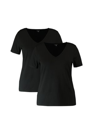 T-shirts noirs à col en V, à manches courtes, en tissu coton lisse. Léger, design ajusté, avec une apparence simple et épurée.