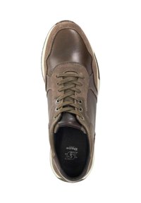 Brown leather sneaker with textured suede accents, round toe, laces, and a light-colored sole. Features logo on the insole.