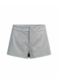 Pantaloni grigi corti con una texture liscia, caratterizzati da strisce verticali argentate e una chiusura frontale con bottone, progettati in uno stile aderente e corto.