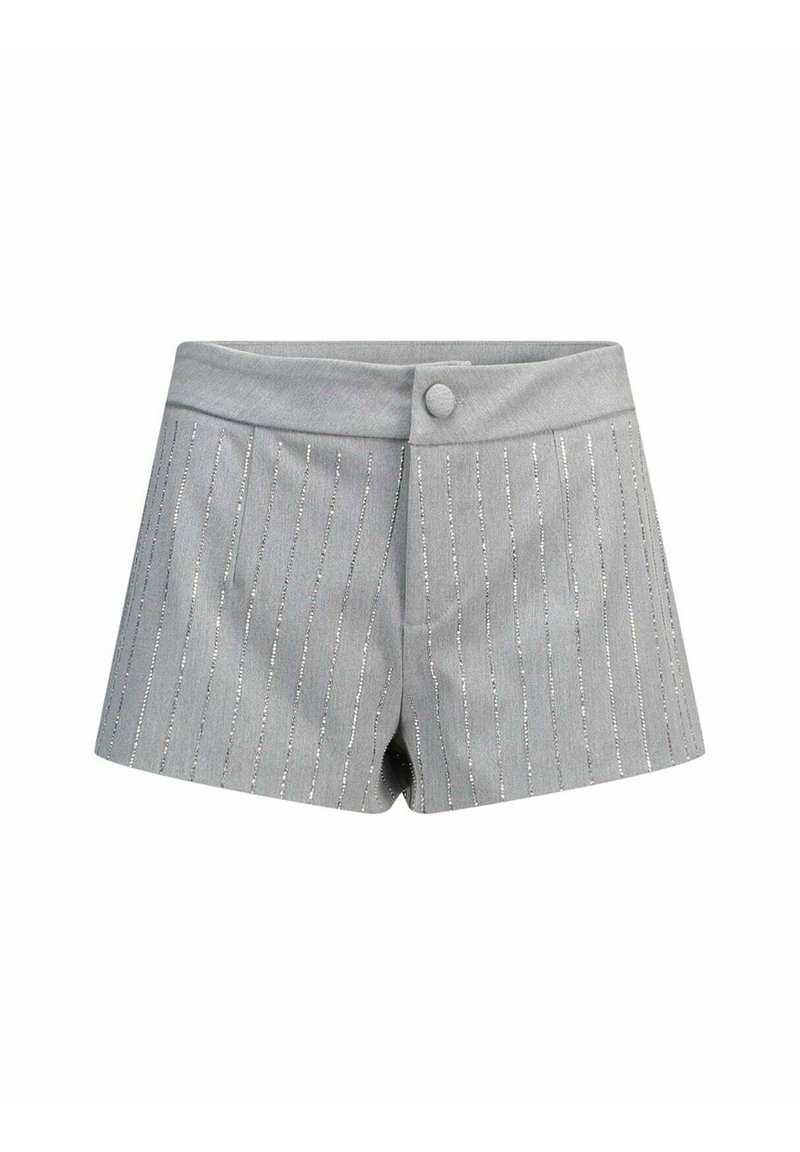 Pantaloni grigi corti con una texture liscia, caratterizzati da strisce verticali argentate e una chiusura frontale con bottone, progettati in uno stile aderente e corto.