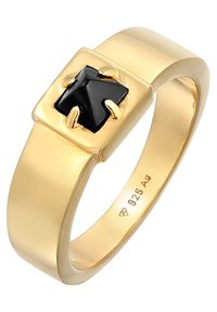 Gold-tone ring featuring a square black gemstone with a distinctive shape. Smooth band with polished finish; marked with "925 Ag" for sterling silver.