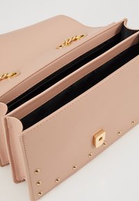 Růžová kožená kabelka s zlatými akcenty, hřebíkovými detaily a vnitřním prostorem se dvěma přihrádkami s černým podšívkou. Obdélníkový design.